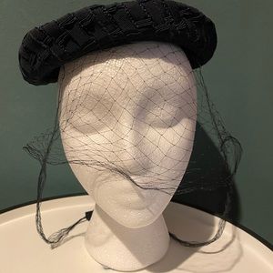 Vintage Fascinator navy hat with netting and woven ribbon detail